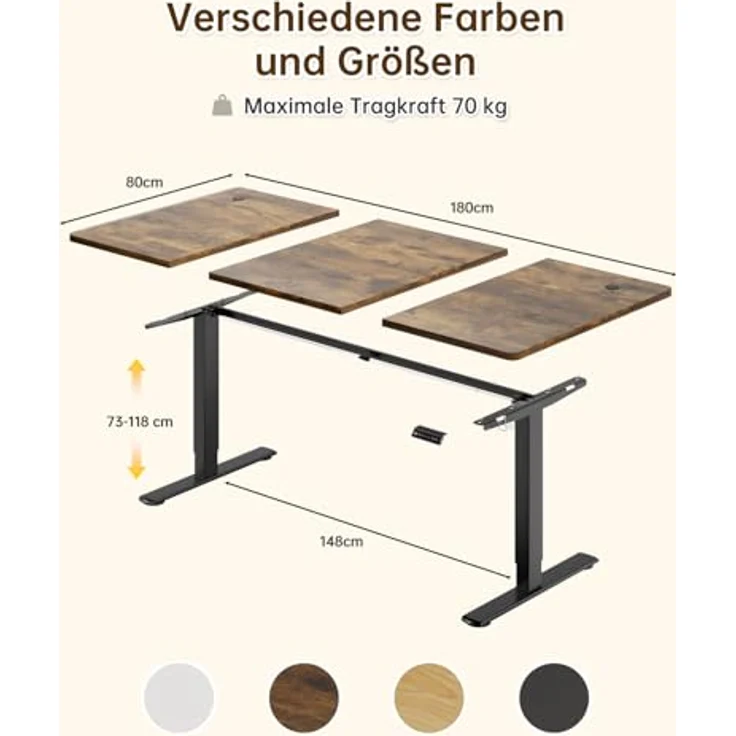 JUMMICO Höhenverstellbarer Elektrischer Schreibtisch 180x80 cm mit USB Ladeanschluss, Schreibtisch Höhenverstellbar, Ergonomischer Steh-Sitz Tisch Braun – Bild 2