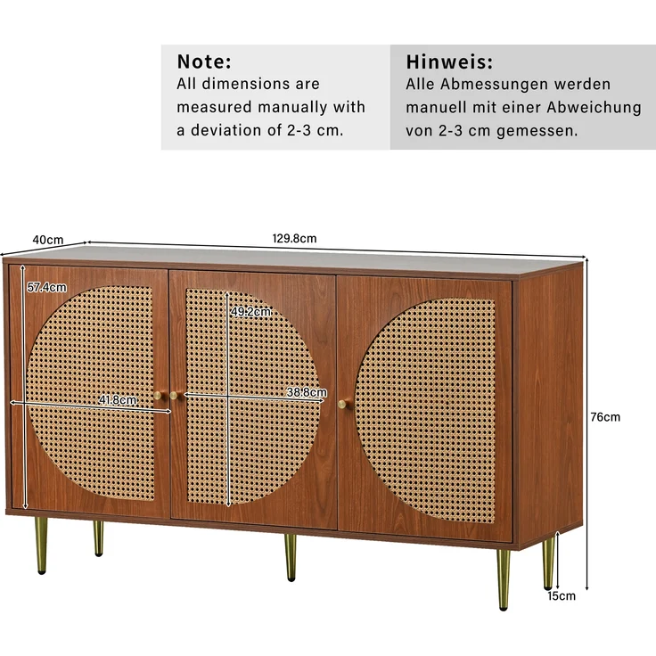 Sideboard, mit 3 Rattantüren, Metallbeinen & verstellbaren Böden, 129,8x40x76 cm, Walnuss – Bild 10