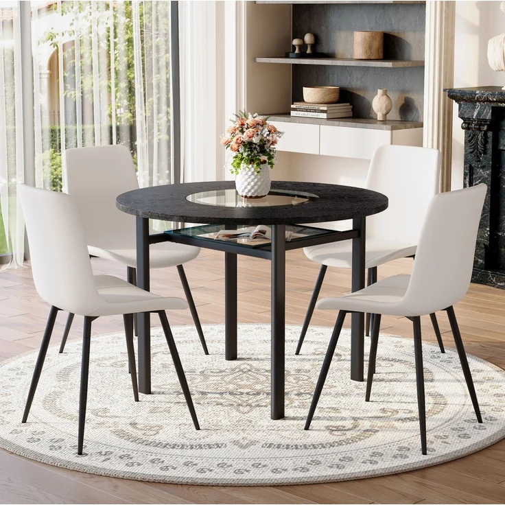 Esstisch-Set mit Glasintarsie & Ablage, Ø 100x76 cm, Schwarz in Holzoptik/Weiß – Bild 3