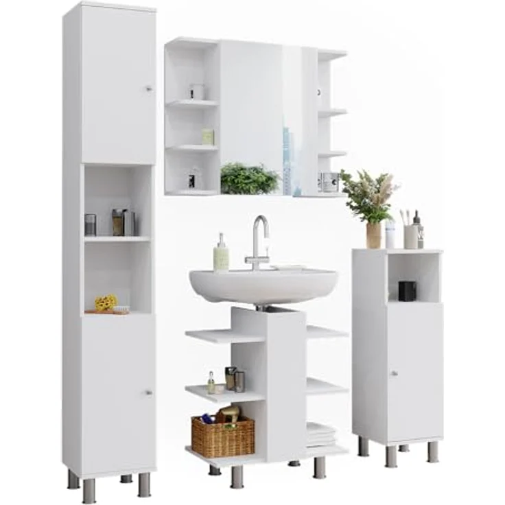 Vicco Fynn Badmöbelset, Weiß, mit Waschbeckenunterschrank, Spiegelschrank, Hochschrank und Midischrank – Bild 7