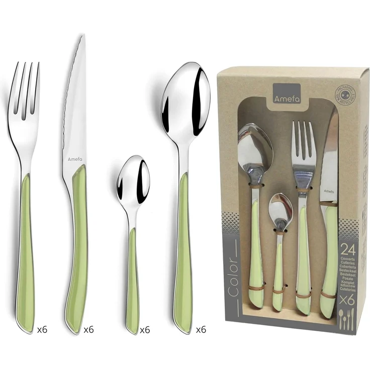 Amefa ECLAT Besteckset, 24-teilig, Besteck Set 6 Personen, Kunststoff Griffe in Pastellgrün, Spülmaschinenfest, Besteck aus rostfreiem Edelstahl – Bild 1