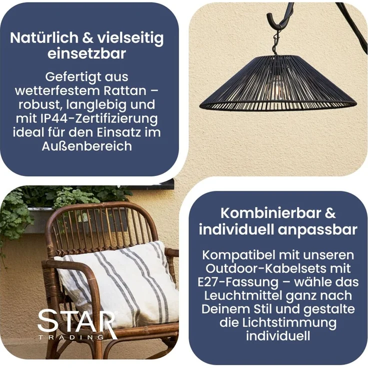 Star Rattan-Lampenschirm „Vide“ (Ø 58 cm), Für den Außenbereich - wetterfest und dekorativ in Schwarz, Kombinierbar mit E27-Outdoor-Kabelsets, Schutzart IP44 – Bild 3