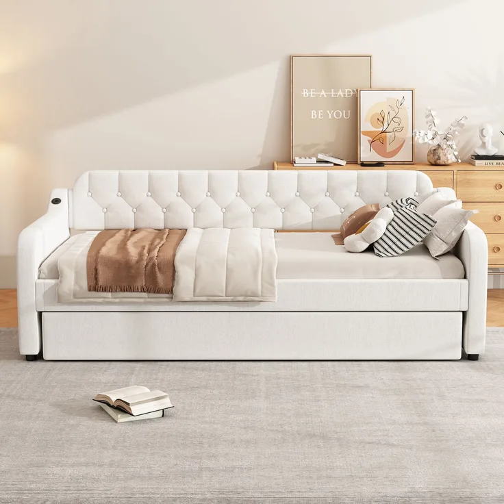 Bett 90x200 cm aus Leinen mit Ausziehbett und USB-Anschluss – platzsparendes Schlafsofa