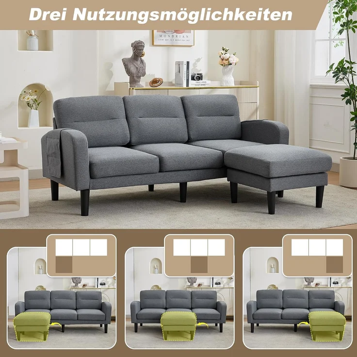 Merax 204cm Ecksofa, L-Form Sofa, 3-Sitzer mit Chaiselongue, kleines Ecksofa aus, An der Seite befindet sich eine Aufbewahrungstasche, 10 Sofabeine, Grau – Bild 6
