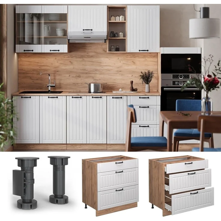 Küchenunterschrank Fame-Line Weiß Landhaus 80 cm mit 3 Schubladen, AP Eiche Vicco – Bild 4