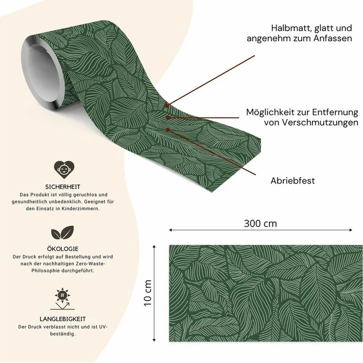 Muralo Bordüre Wandbordüre selbstklebend Blätter – Tapetenbordüre Wohnzimmer, bedruckt, Grüne Blätter, 10x300 cm, abriebfest, abwischbar – Bild 2