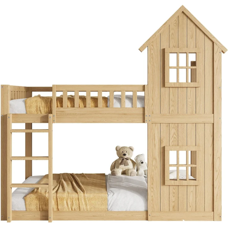 Etagenbett mit Rausfallschutz, Trittleiter und Lattenrost, 90x200 cm, Kinderbett, Kiefer – Bild 7