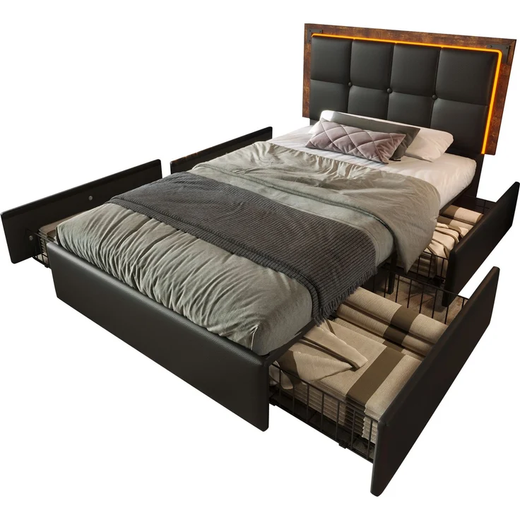 Merax Polsterbett, mit LED-Beleuchtungsleiste und 4 Schubladen, Höhenverstellbares Kopfteil, Funktionsbett, Ohne Matratze, PU Schwarz/Grau, 90x200cm – Bild 10
