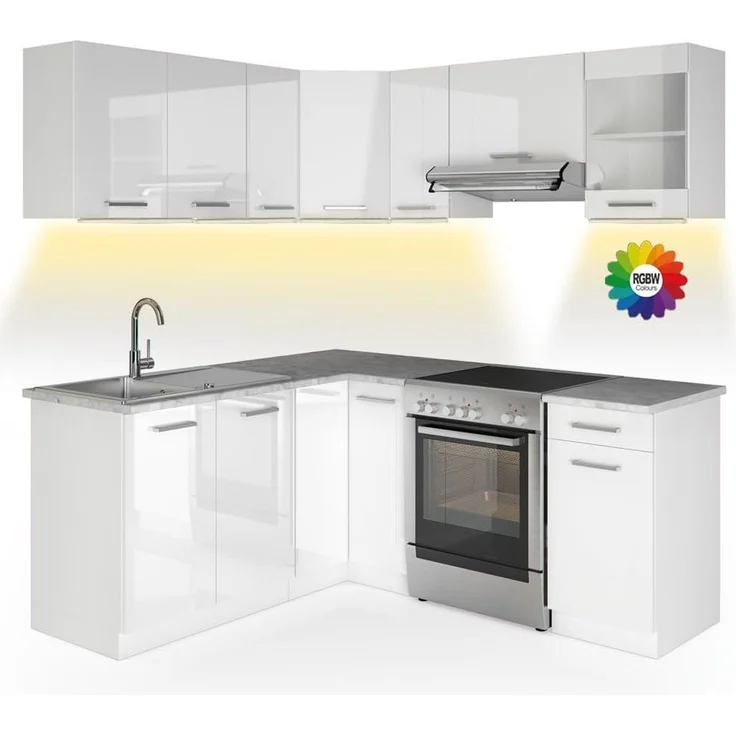 Eckküche R-Line Weiß Hochglanz/Weiß 187 x 167 cm, AP Marmor mit LED-Leisten Vicco – Bild 1