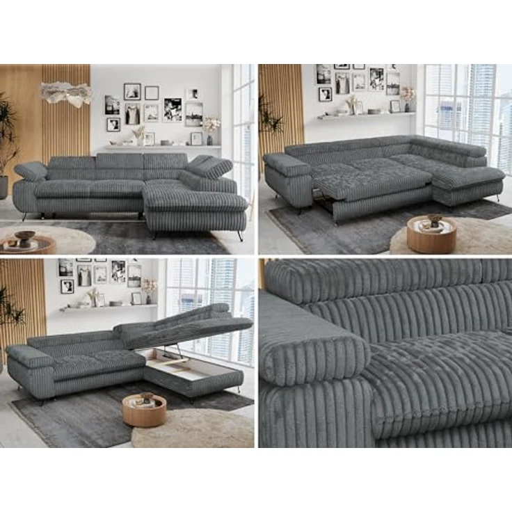 Mks Möbel 'Peter L-form' Ecksofa mit Bettfunktion, Bettkasten & einstellbaren Kopfstützen, Dunkelgrau, Cord, rechts – Bild 2