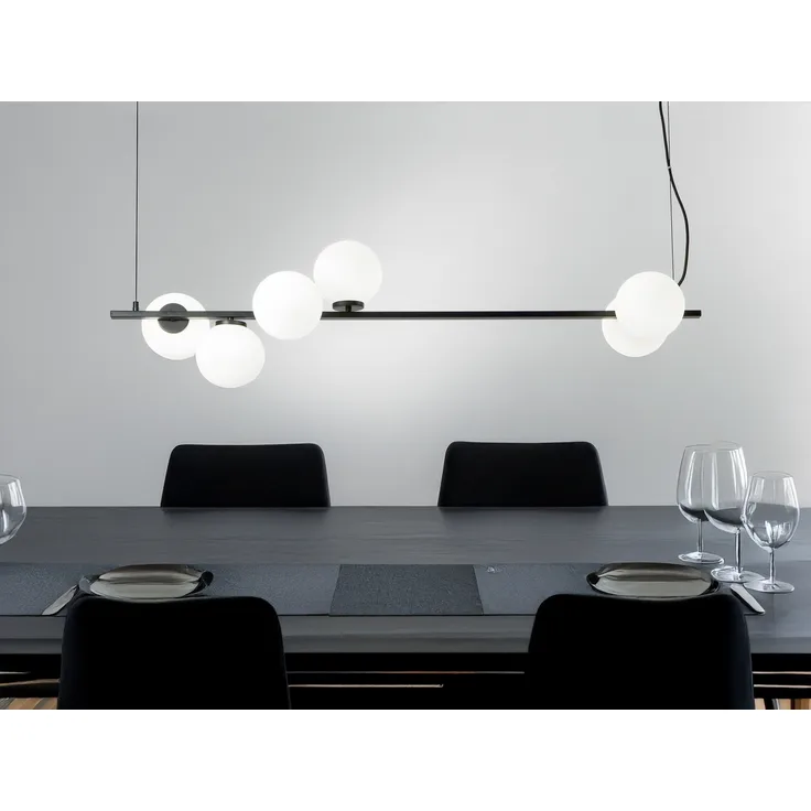 LED Pendelleuchte 6-flammig Schwarz mit Glaskugeln in Opalweiß, Breite 120cm
