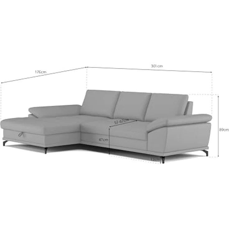 Cavadore Eckcouch Castiel mit Federkern / Ecksofa mit großem Longchair, Sitztiefenverstellung und mattschwarzen Metallfüßen / 301 x 89 x 176 / Echtleder, Schwarz – Bild 3
