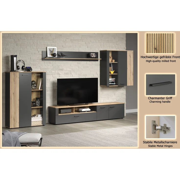 Wohnwand Esteban in grau und Eiche Evoke 340 cm – Bild 13