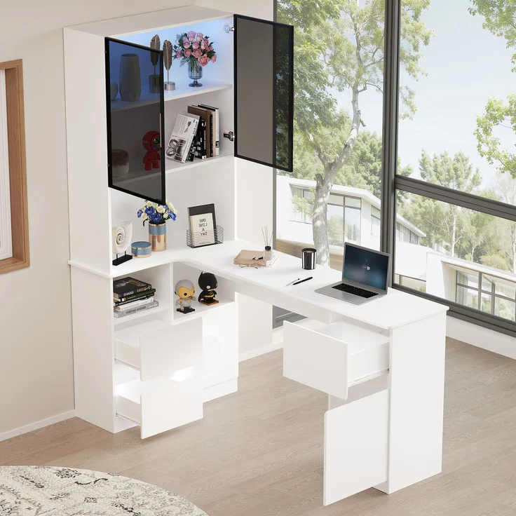 Eckschreibtisch mit Regal und LED-Vitrinenschrank 120×80×180 cm – Schreibtisch mit Kabeldurchlass, 3 Schubladen, 2 Türen, offenen Fächern & Haustierfach,Ein Eckschreibtisch mit eingebautem Bücherregal – Bild 2