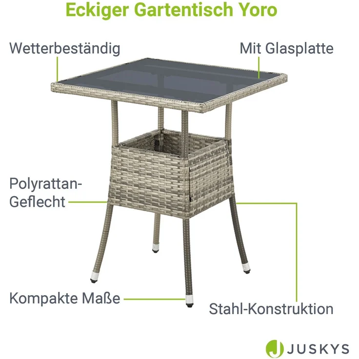 Juskys Polyrattan Gartentisch Yoro wetterfest - Balkontisch 60x60 cm eckig - Rattan Beistelltisch mit Glasplatte - kleiner Tisch für Balkon - Grau – Bild 2