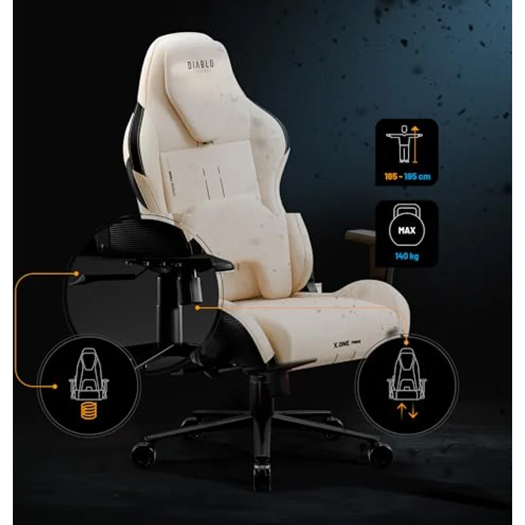 Diablo Gaming Stuhl Stoff X.One Prime Gamer Stuhl Ergonomisch mit Magnetische Kopfstütze und Kühlender Sitz Robuste Metallbasis, Höhenverstellbare Armlehnen Pc Stuhl, Gaming Chair 140 kg Desert Storm – Bild 6