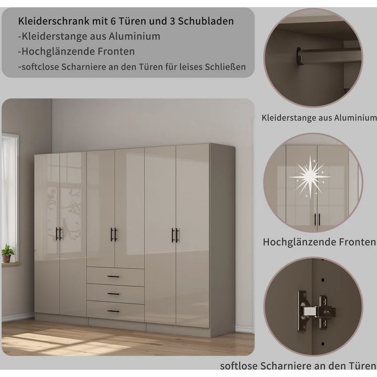 OTTO home Kleiderschrank Trento Schlafzimmerschrank Garderobe hochglanz Bestseller Schrank mit 6 Türen und 3 Schubladen, höchglänzende Fronten – Bild 3