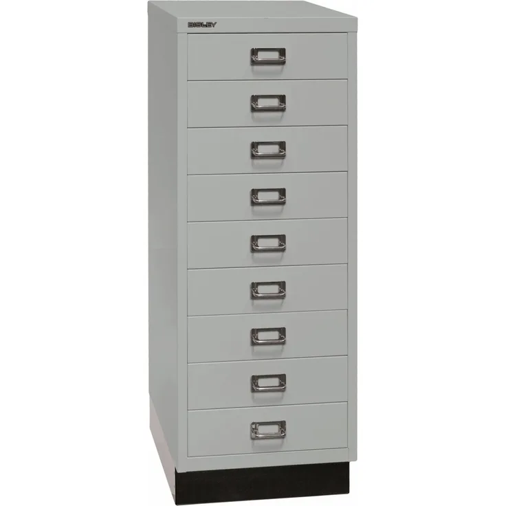 BISLEY Schubladenschrank aus Metall DIN A3 in lichtgrau mit 9 Schubladen und Sockel Büroschrank Werkzeugschrank, L39A39S-645