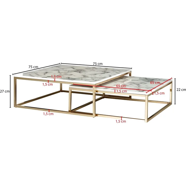Wohnling Couchtisch 2er Set Weiß Marmoroptik Eckig Metallgestell Gold Modern 75x75x27 cm – Bild 4