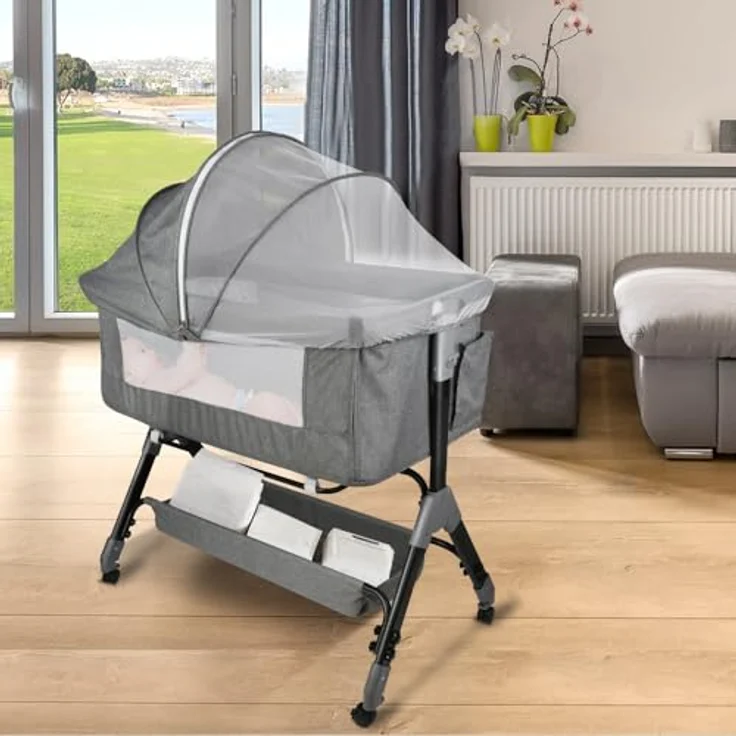 HUOLE 3 in 1 Beistellbett & Babywiege & Reisebett, 4-stufig Höhenverstellbares Babybett, neigbar, Kinderbett, Stubenwagen für Babys bis 25kg belastbar-104 * 52 * 100-110cm – Leinengrau – Bild 7