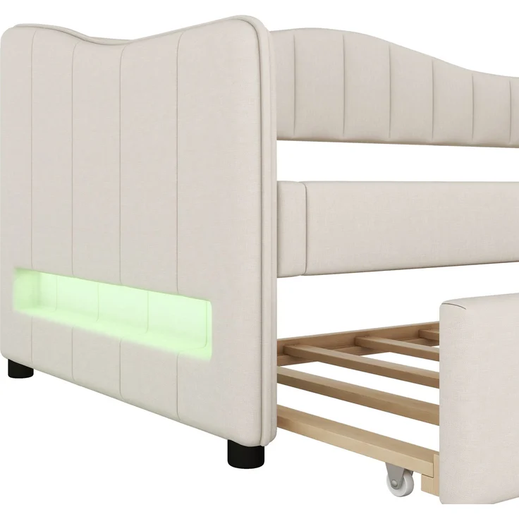 EINHOM Daybettt, 90 x 200 cm Tagesbett mit Ausziehbarem Bett, Schlafsofa, Einzelbett, Ambiente-Licht-Design, Leinen, Minimalistisches Styling, Beige (Ohne Matratze) – Bild 6