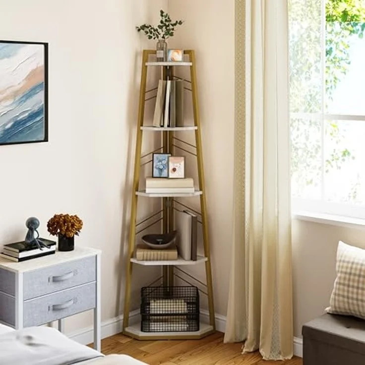YITAHOME Eckregal, 5-stöckiges Leiterregal, Industrielles Bücherregal, Bodenstehendes Regal, Offenes Standregal aus Holz, für Wohnzimmer, Flur, Schlafzimmer, Home-Office, Gold Lagerregal – Bild 1