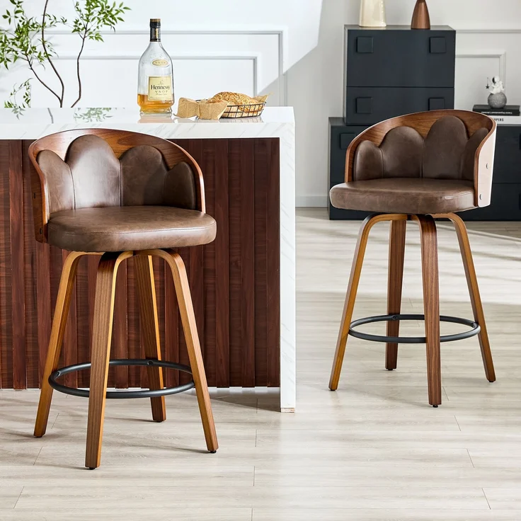 2er Set Barhocker mit Blüten-Rückenlehne, Bugholz, PU-Leder, Metall-Fußstütze, modern--Braun--89x41.5x46.5cm--YOUDENOVA – Bild 1