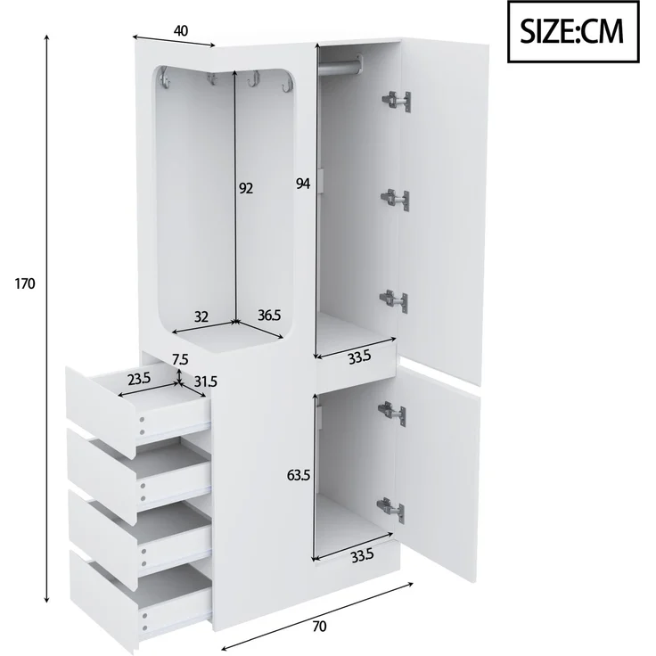 CHICFURN Kleiderschrank 70x170x40 cm Weiß mit 4 Schubladen und offenem Kleiderfach – Bild 8