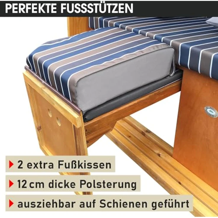 BRAST® Strandkorb Usedom 3-Sitzer XXL für 2-3 Personen | 165cm breit | 5 Designs | inkl. wetterfeste Abdeckhaube | verstellbare Rückenlehne Fußkissen | Braun/Blau - gestreift – Bild 9