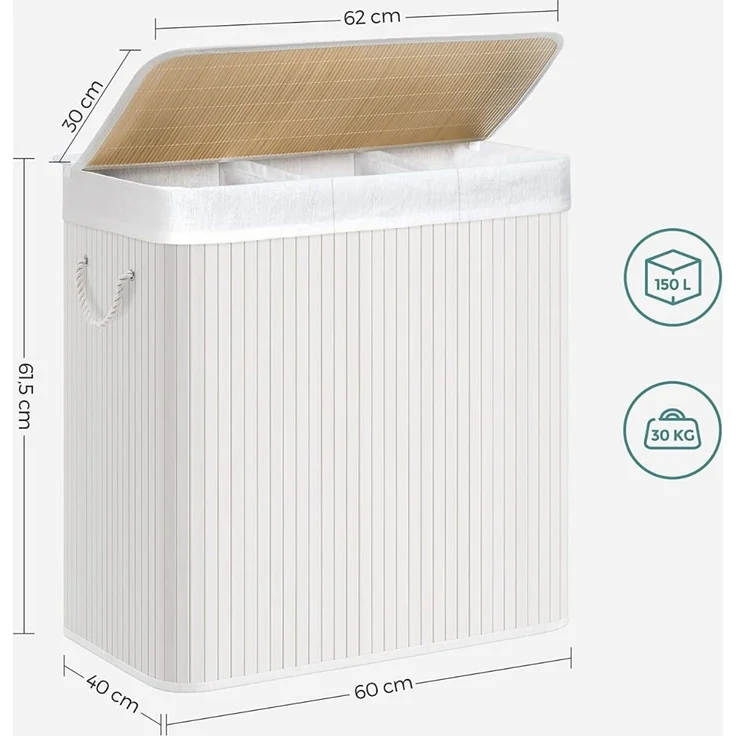 Songmics Wäschekorb mit 3 Fächern, Bambus Weiß, 150L / 60 x 40 x 61,5 cm – Bild 7