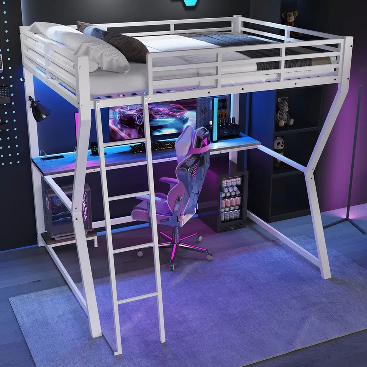 Hochbett, 140*200cm , Mit LED-Leuchten, Computerkonsolenablage, Schreibtisch, Steckdose+USB, Geländer, Treppe, ohne Matratze, Weiß