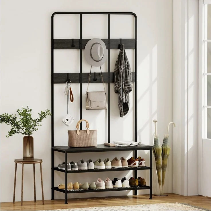 HOMCOM Garderobenständer mit Schuhbank, Garderobe mit 6 Haken, (Jackenständer, 1 St, Garderobe), für Eingangsbereich, Flur, Schlafzimmer, Schwarz – Bild 5