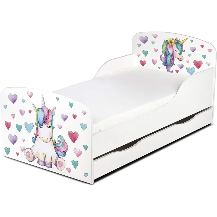 Leomark Kinderbett 70x140 cm, Einhorn, mit Matratze, Schublade und Lattenrost