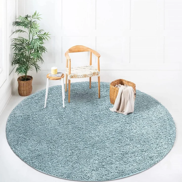 Teppich Rund Hochflor Shaggy - 160x160cm - Türkis Einfarbig Uni Flauschig Modern Boho Wohnzimmer Schlafzimmer Deko Teppiche Weich Schlafzimmer – Bild 4