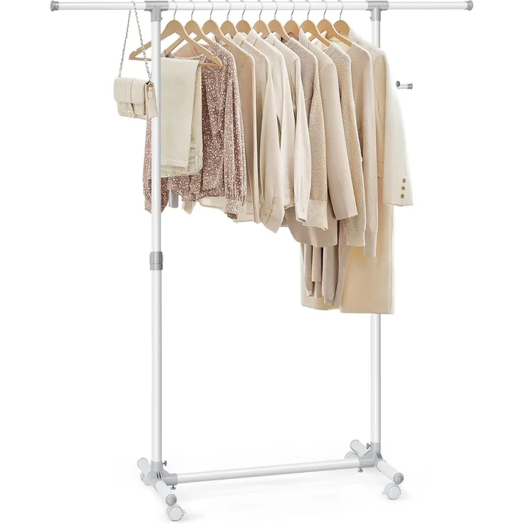 SONGMICS Kleiderständer auf Rollen, Kleiderstange, höhenverstellbar zwischen 97 und 165 cm, ausziehbare Garderobenstange, Garderobenständer, seitliche Haken für Accessoires, weiß LLR001W01