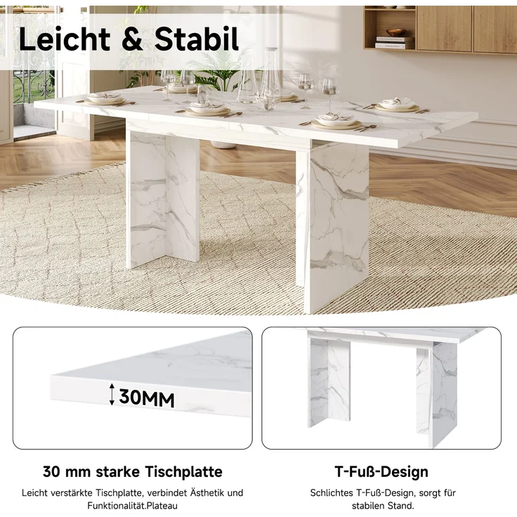 Merax Ausziehbarer Esstisch, 140/180*80 cm, geeignet für 6-8 Personen, rechteckige Form, verdickte Tischplatte, einfachen Stil,Tisch für Esszimmer, Küche, Wohnzimmer, Weißer Marmor – Bild 7