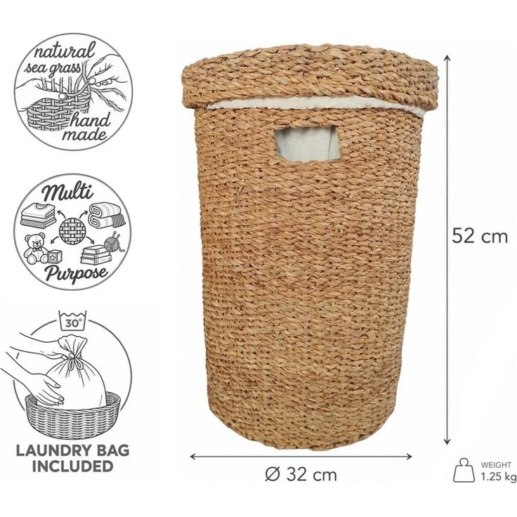 Casa Moro Wäschekorb mit Deckel aus Seegras, rund, 38 L (1 St, Größe S, Ø 32 x H 52 cm), Handgeflochten, Wäschebeutel herausnehmbar und bei 30 °C waschbar – Bild 2