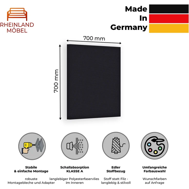 Rheinland Möbel FocusWall WAQ0707 – Quadratischer Akustik-Wandabsorber 70×70 cm in Stofffarbe Sombrero inkl. Montage-Set - Made in Germany - Klasse A, Stoffbezug, schwer entflammbar – Bild 2
