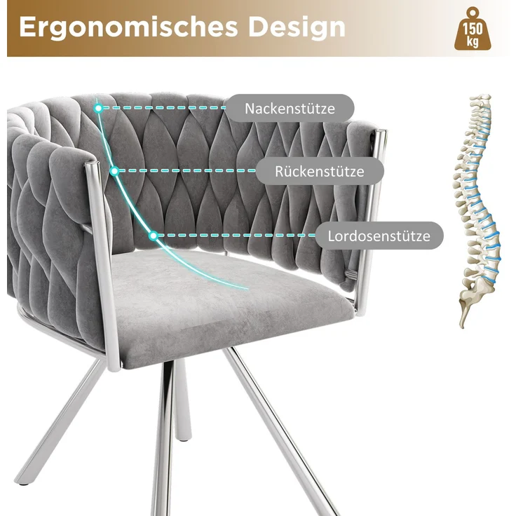 Merax Samt-Esszimmerstuhl, 6er set, Schlafzimmer-Drehstuhl, 360° drehbar Freizeit-Drehstuhl mit vier Stützbeinen aus Metall, Grau+Silber – Bild 6