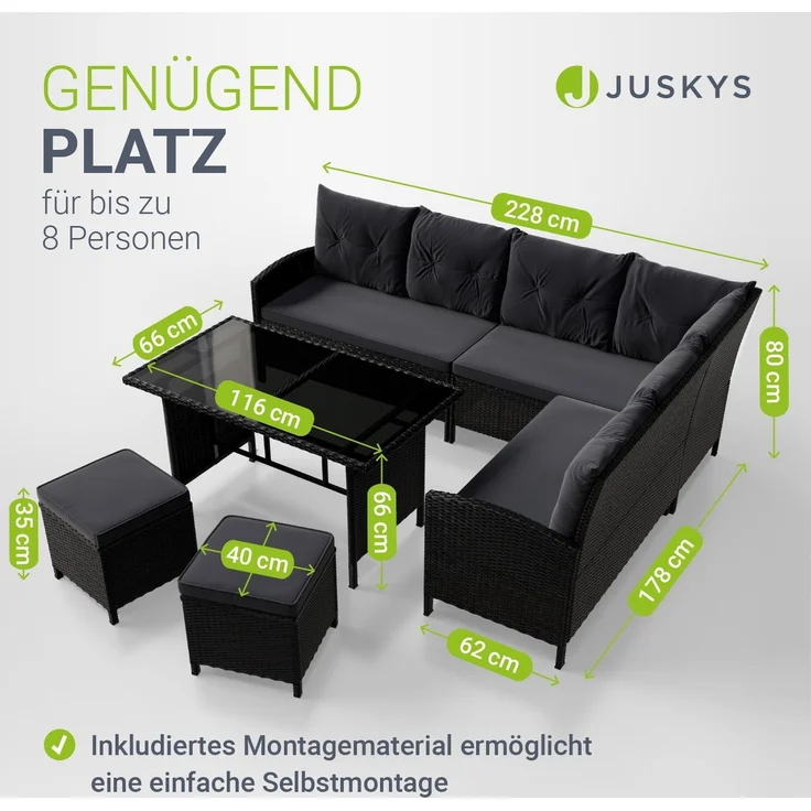 Juskys 'Manacor' Lounge mit Sofa, Tisch, 2 Hocker & Kissen, Polyrattan schwarz-grau, 7 Personen – Bild 4