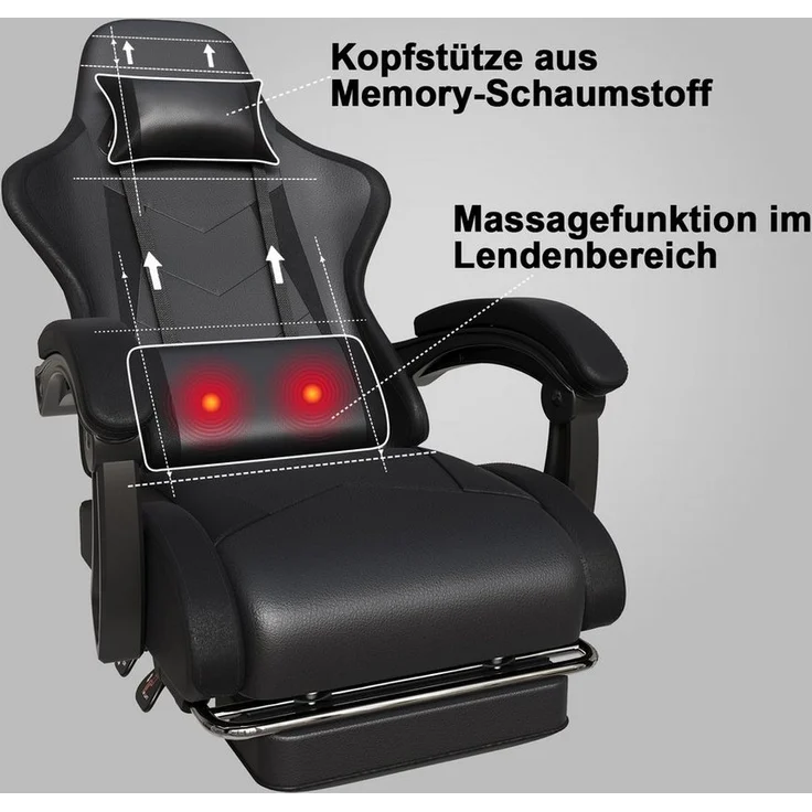 HOMALL Gaming-Stuhl Massage Gaming Stuhl mit Fußstütze 90-135° Rückenlehne einstellbar (Bürostuhl Ergonomisch,Verstellbarem Lenden- & Kopfkissen,mit Fußstütze) – Bild 2
