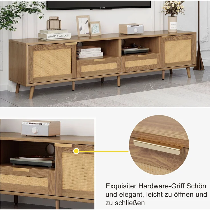 TV-Schrank, Rattan-Design, mit 2 Türen, 2 Schubladen & höhenverstellbaren Füßen, 200x37x49 cm, Eiche – Bild 7