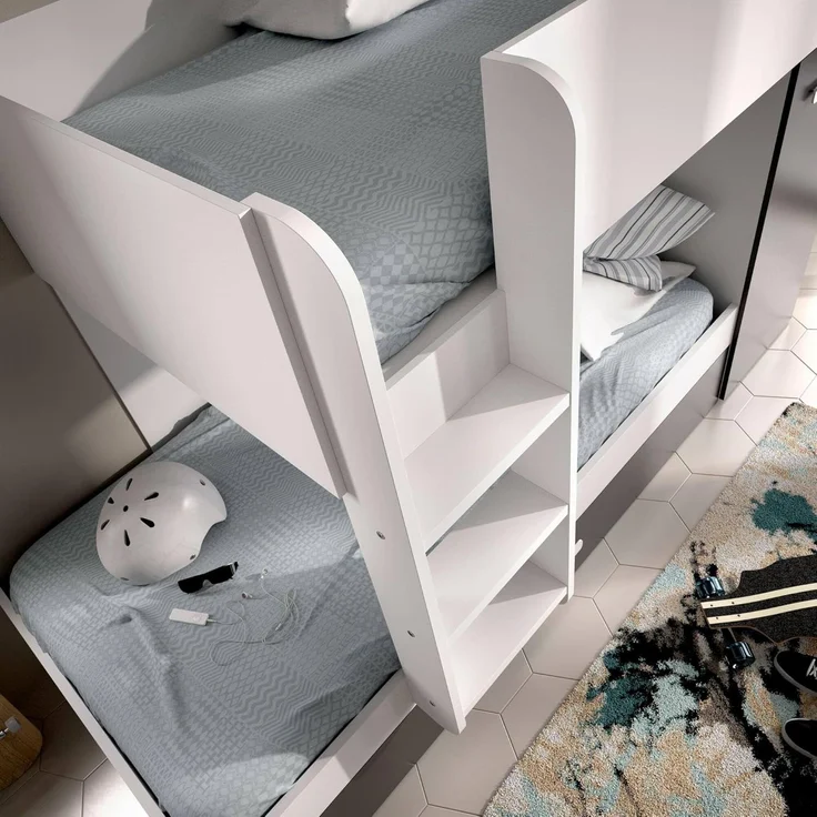Dmora - Schlafzimmer Eiger, Komplettes Schlafzimmer, Etagenbettkomposition mit Zwei Einzelbetten, 244x112h150 cm, Weiß und Anthrazit – Bild 5