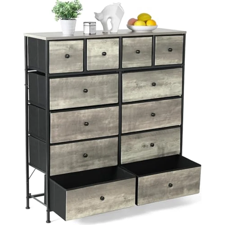 Clevich Stoff-Kommode, Schminktisch Schrank, Aufbewahrungsschrank, 12 Schubladen aus Stoff, Metallrahmen, industrieller Stil, für Wohnzimmer, Flur, Schlafzimmer (Grau) – Bild 2