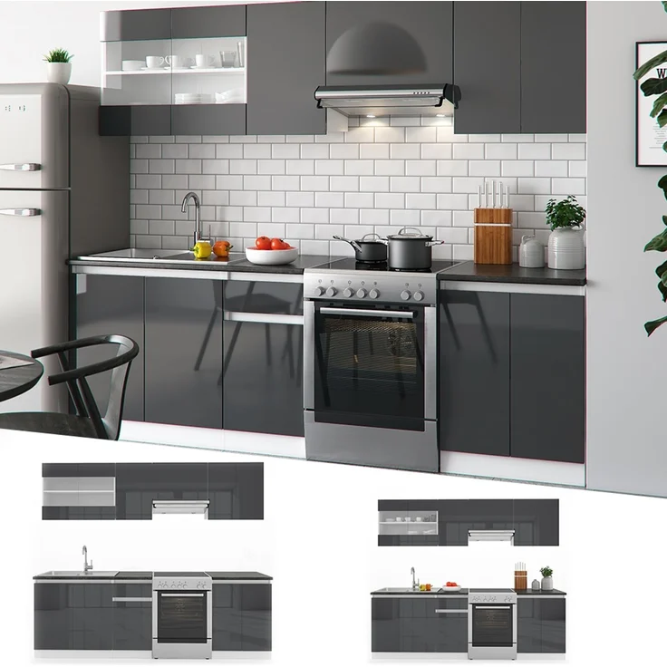 Küchenzeile R-Line Anthrazit Hochglanz/Weiß 240 cm, AP Schwarz mit LED-Leisten Vicco – Bild 2