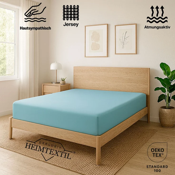 EXKLUSIV HEIMTEXTIL Jersey Spannbettlaken Premium 200x200 cm Hellblau 100% Baumwolle Öko - Tex Zertifiziert Bed-Sheet Bettlaken Spannbetttuch Topper Leinentuch – Bild 2