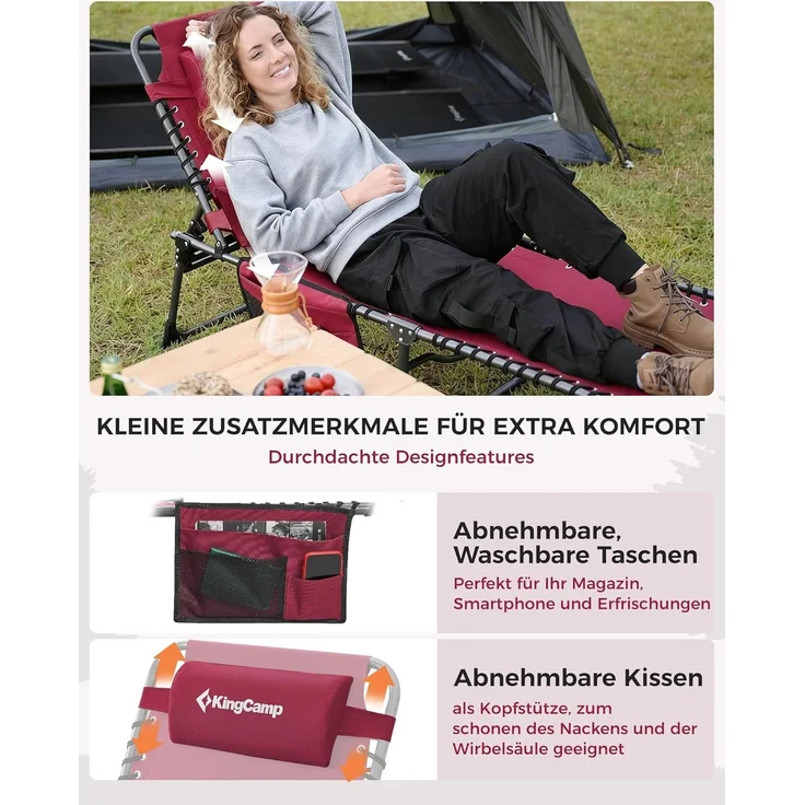 KingCamp Campingliege Sonnenliege Gartenliege klappbar 5-Stufig Verstellbarer Rückenlehne Liege Gartenstuhl Strandliege Camping Klappbett mit Kopfkissen für Garten Urlaub Outdoor Strand Pool – Bild 5