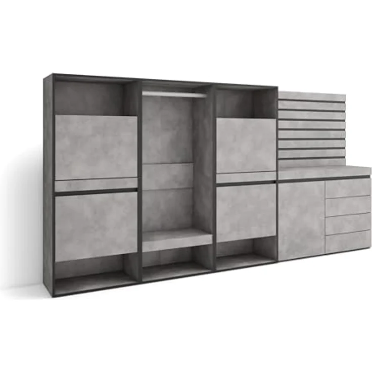 Skraut Home | Schuhregal, Schuhschrank | Schuhaufbewahrung | 287x145x35 cm | Für Schlafzimmer, Zimmer | Offener Kleiderschrank | Kommode mit Schubladen | Lamellenwand Holz | Moderner Stil | Zement – Bild 1