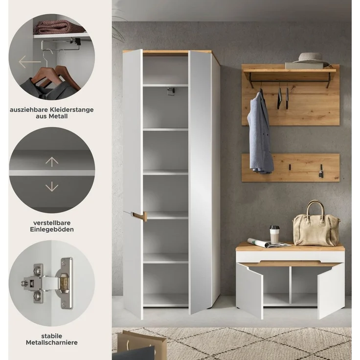 Home affaire Garderoben-Set REHAT, TOPSELLER!, 4-teilig, Breite 160cm, individuell stellbar, (Set, 3-St, bestehend aus: Garderobenschrank, Sitzbank, Paneel, Hakenleiste), Garderobenkombination, Kombination, Set, Flurgarderobe, Diele – Bild 4