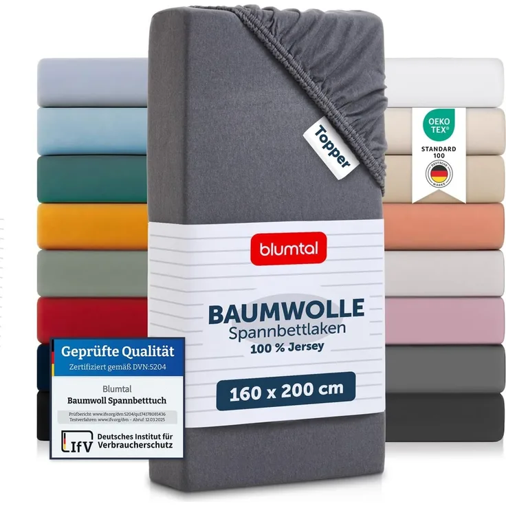 Blumtal® Spannbettlaken für Topper 160x200 cm Basics Jersey - Bettlaken 160x200 cm aus 100% Baumwolle - Oeko-TEX zertifiziertes Spannbetttuch 160x200 cm - Topper Spannbettlaken - Betttuch - Grau